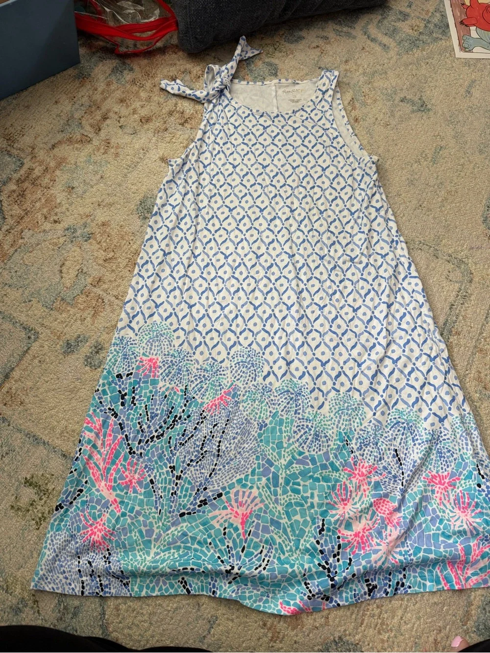 Lilly Pulitzer Blue & White Tie-Shoulder Casual Dress with Aqua & Pink Border